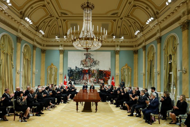 Canada's Prime Minister Justin Trudeau, Governor General Mary Simon, and federal cabinet ministers take part in a ceremony to proclaim the accession of King Charles III at Rideau Hall in Ottawa
