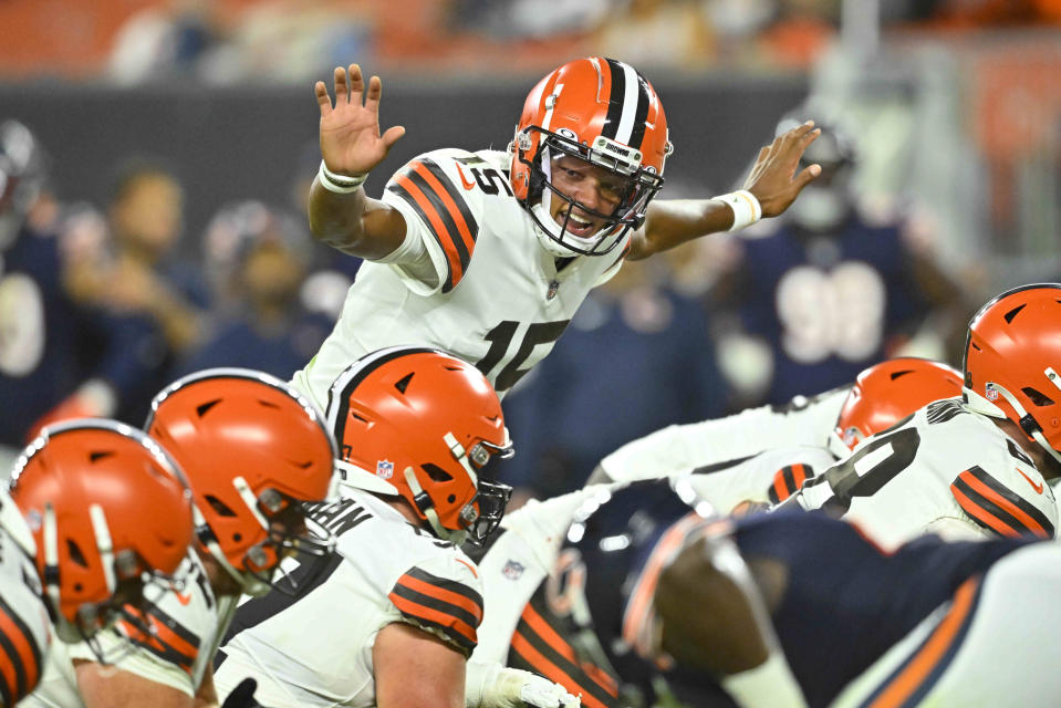 Cleveland Browns quarterback Joshua Dobbs (15) calls signal as he plays against the Chicago Bears during the second half of an NFL preseason football game, Saturday, Aug. 27, 2022, in Cleveland. (AP Photo/David Richard)