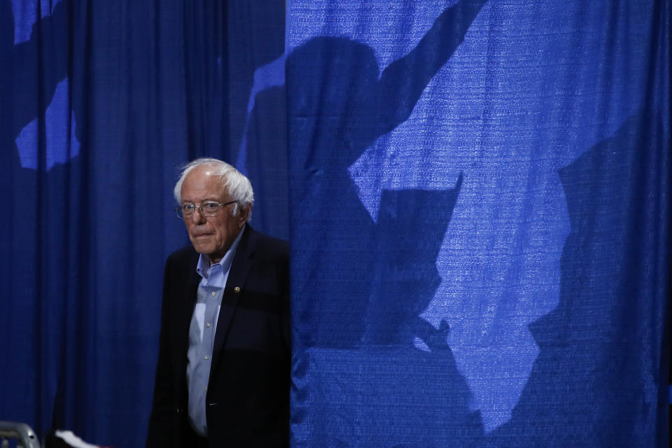 Democratic presidential candidate Sen. Bernie Sanders, I-Vt., arrives for a primary night election rally in Essex Junction, Vt., Tuesday, March 3, 2020. (AP Photo/Matt Rourke)