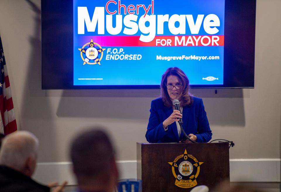 Evansville mayoral Republican candidate Cheryl Musgrave gives a concession speech during a primary election watch party at the Fraternal Order of Police Lodge 73 Tuesday, May 2, 2023. Musgrave lost to Natalie Rascher by a wide margin in the Republican mayoral primary.