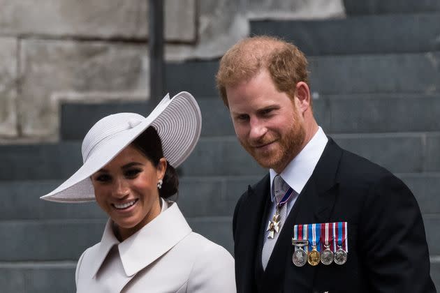 The Duke and Duchess of Sussex leave St Paul's Cathedral after attending the service of thanksgiving for the queen during the Platinum Jubilee celebrations on June 3. (Photo: Anadolu Agency via Getty Images)