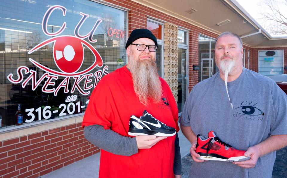 Chris Kuntz , left, and his uncle, Uthant Shawn McGregor, operate CU Sneakers at 933 N. West St. in the same center as Thai House. Their specialty, along with selling sneakers, is cleaning them. They also have a technique called icing, which restores the clear bottoms of some Air Jordan shoes.