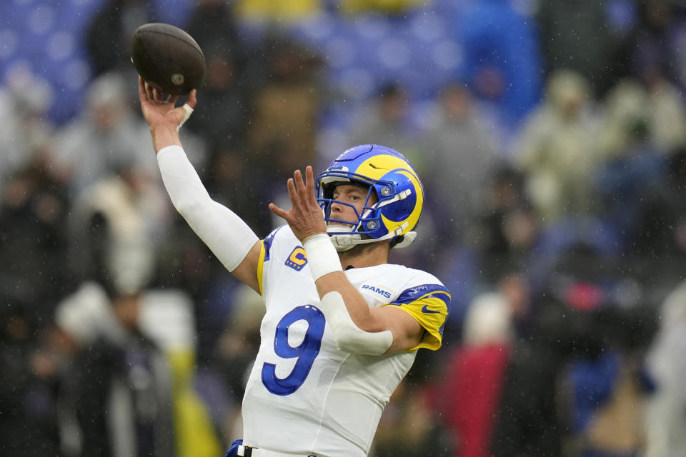 Los Angeles Rams quarterback Matthew Stafford warms up prior to an NFL football game against the Baltimore Ravens Sunday, Dec. 10, 2023, in Baltimore. (AP Photo/Alex Brandon)