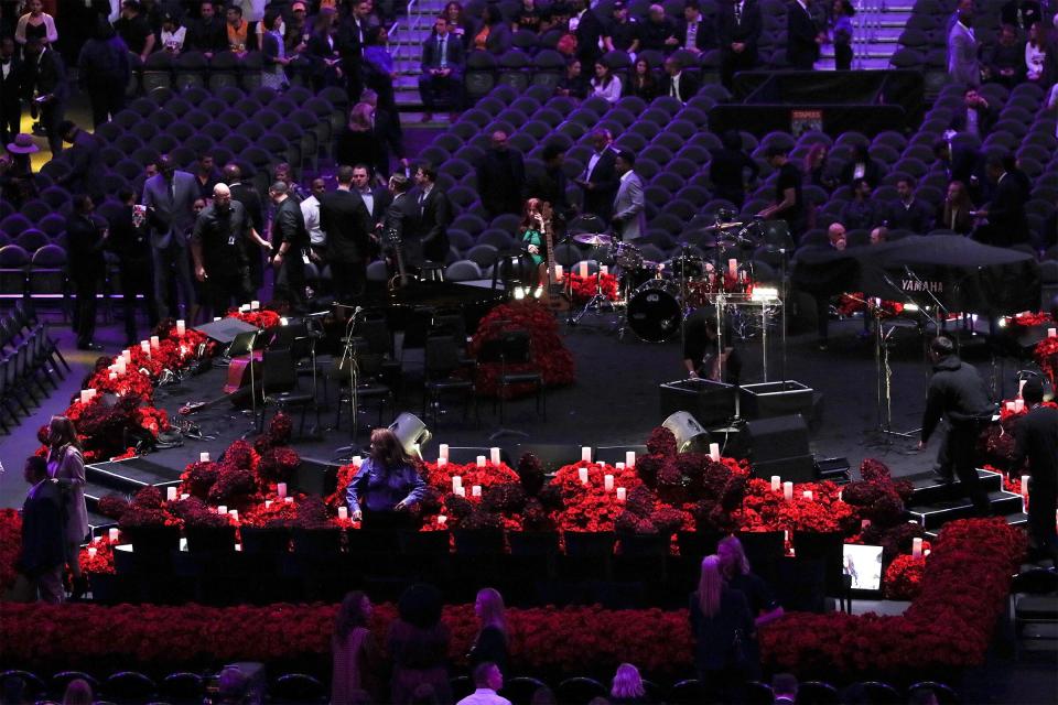 Attendees took their seats before paying their respects to Bryant, his daughter and the <a href="https://people.com/sports/kobe-bryant-victims-of-calabasas-helicopter-crash/?slide=7566210#7566210" rel="nofollow noopener" target="_blank" data-ylk="slk:seven other victims:;elm:context_link;itc:0;sec:content-canvas" class="link ">seven other victims: </a>Sarah and Payton Chester, Christina Mauser, John, Keri and Alyssa Altobelli and pilot Ara Zobayan.