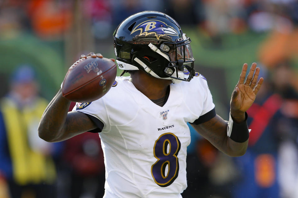 Baltimore Ravens quarterback Lamar Jackson passes during the second half of NFL football game against the Cincinnati Bengals, Sunday, Nov. 10, 2019, in Cincinnati. (AP Photo/Gary Landers)