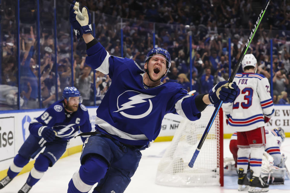 Ondrej Palat of the Tampa Bay Lightning celebrates the game-winning goal against goalie Igor Shesterkin of the New York Rangers in Game 3. (Photo by Mark LoMoglio/NHLI via Getty Images)