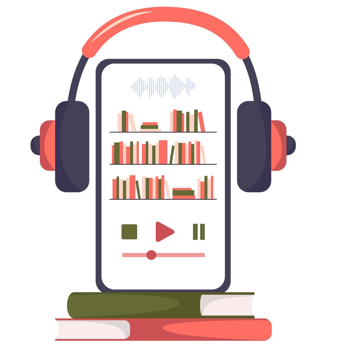 phone graphic with books and headphones