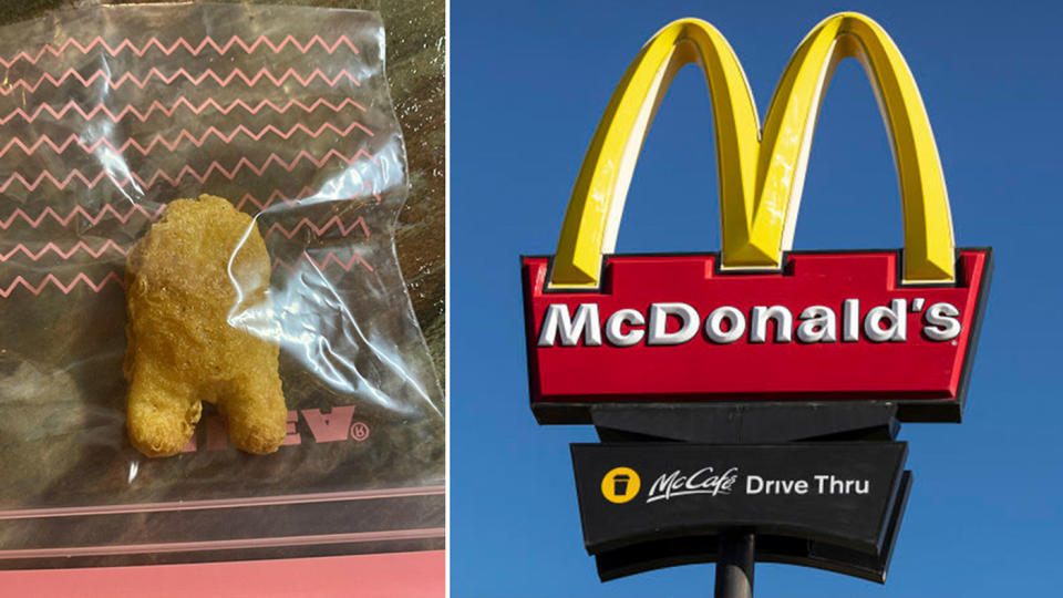 The McDonald's nugget shaped like a video game character and a stock image of the Golden Aches.