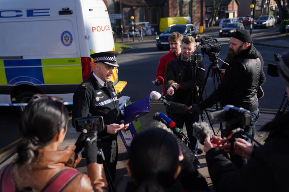 Superintendent Ronan Tyrer speaks at a press conference near the murder scene (Jacob King/PA) (PA Wire)