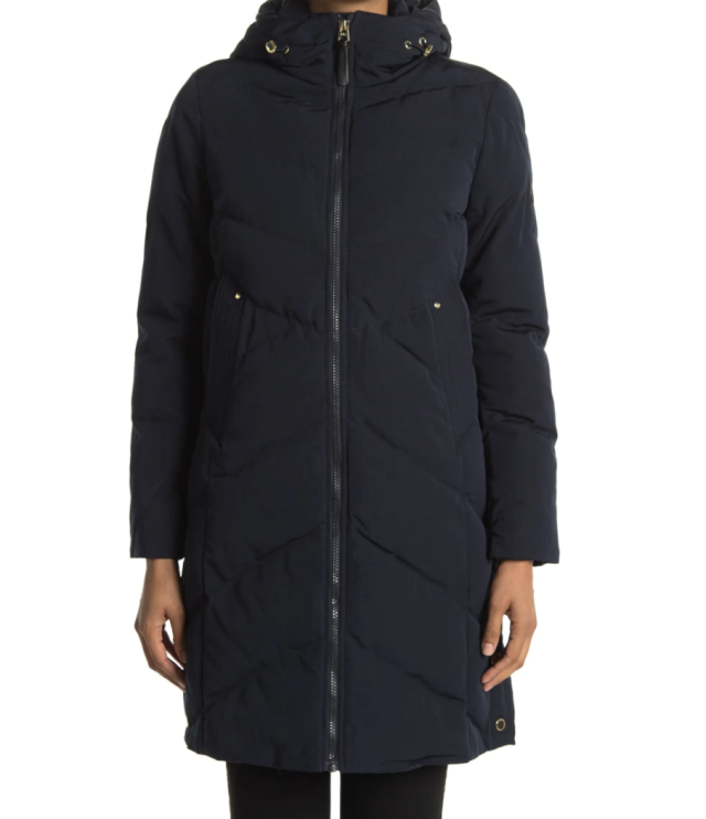 French Connection Hooded Long Puffer Jacket in dark black blue