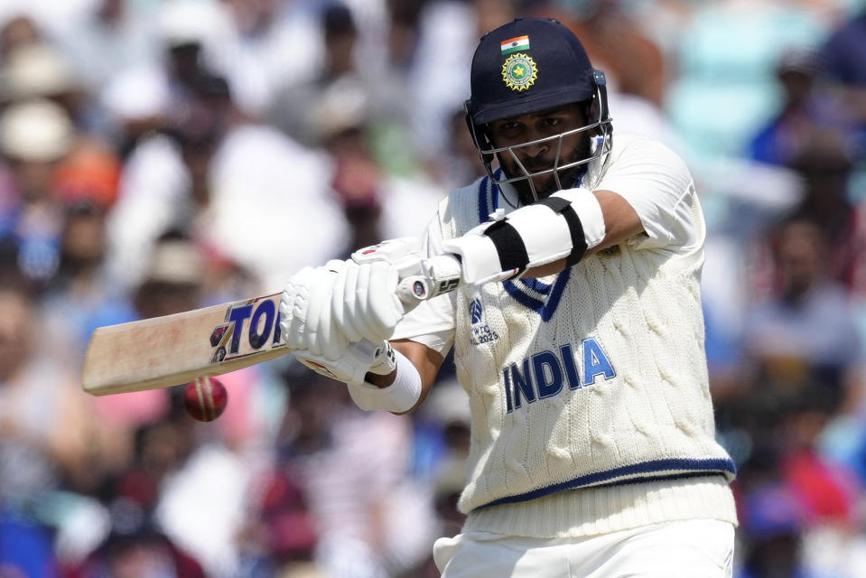 India's Ajinkya Rahane plays a shot on the third day of the ICC World Test Championship Final between India and Australia at The Oval cricket ground in London, Friday, June 9, 2023. (AP Photo/Kirsty Wigglesworth)