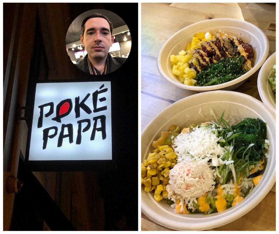 A photo collage combining a lighted sign for the Poke Papa restaurant in Washington, DC, with a picture of two poke bowls from the restaurant and an inset photo of Insider reporter Alex Bitter.