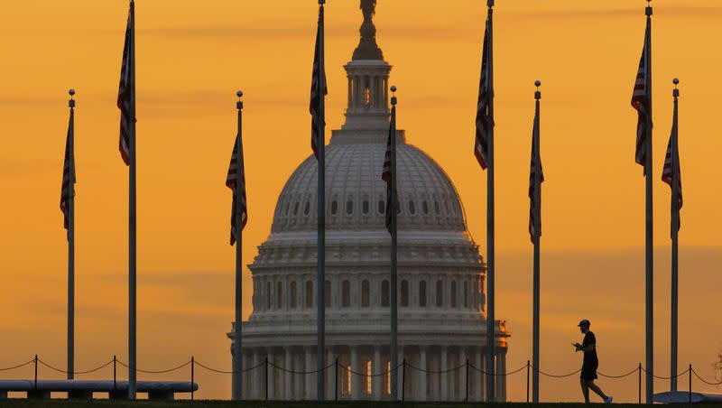 An early morning pedestrian is silhouetted against sunrise as he walks through the American flags on the National Mall with the U..S Capitol Building in the background in Washington on Nov. 7, 2022.