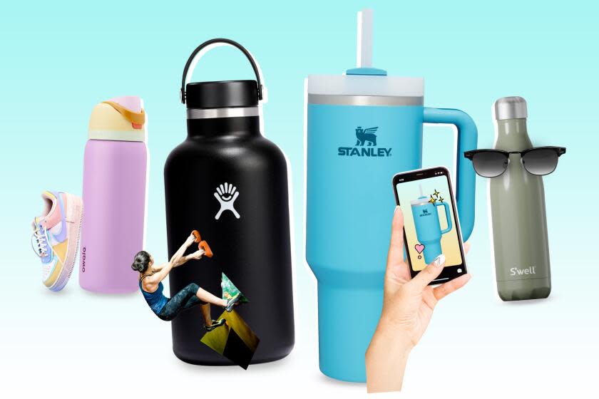 Owala bottle with a fun sneaker; Hydro Flask with a rock climber; Stanley with a selfie; S'well wearing sunglasses