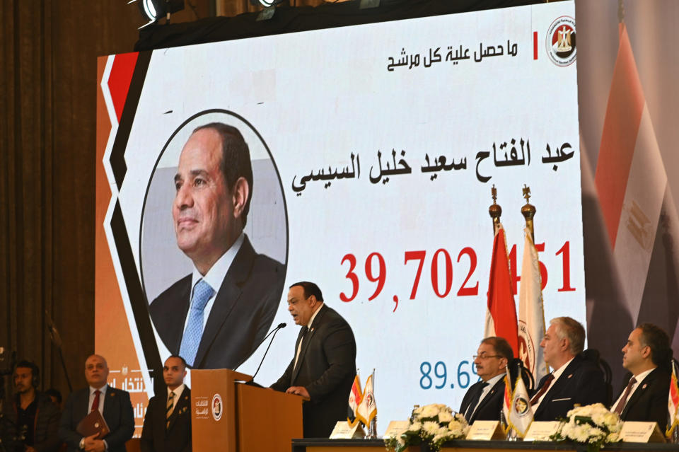 Head of the National Election Authority Hazem Badawi announces the results of Egypt's Presidential Elections during a press conference in Cairo, Dec. 18, 2023, declaring incumbent President Abdel-Fattah el-Sisi the winner by a wide margin. / Credit: Mohamed Shokry/picture alliance/Getty