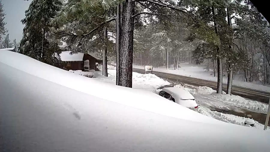 Snow blankets the ground near the Laguna Mountain Lodge on S1 Scenic Byway. (Courtesy of Laguna Mountain Lodge via Mt. Laguna Live Cam)