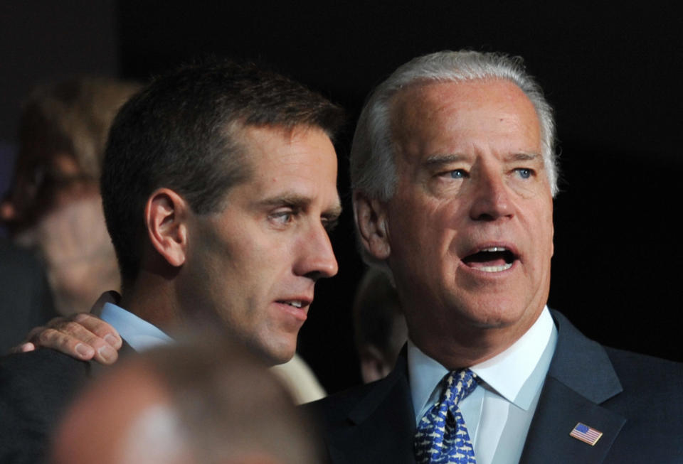 Joe Biden with his son, Beau Biden, at the Democratic National Convention in 2008. (Photo: PAUL J. RICHARDS via Getty Images)