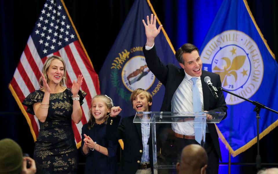 Morgan McGarvey, right, is joined by his wife Chris, left, and twins Clare, 11, and Wilson after delivering his acceptance speech for the seat to the 3rd Congressional District during the Democratic watch party on election night at the Galt House in Louisville, Ky. on Nov. 8, 2022.  