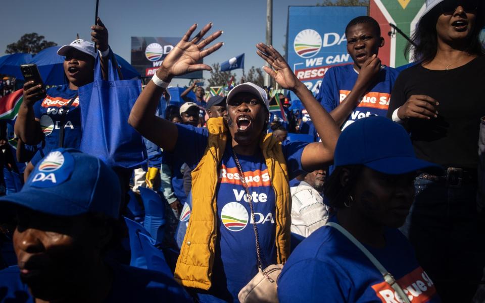 Democratic Alliance supporters chant slogans during Sunday's rally