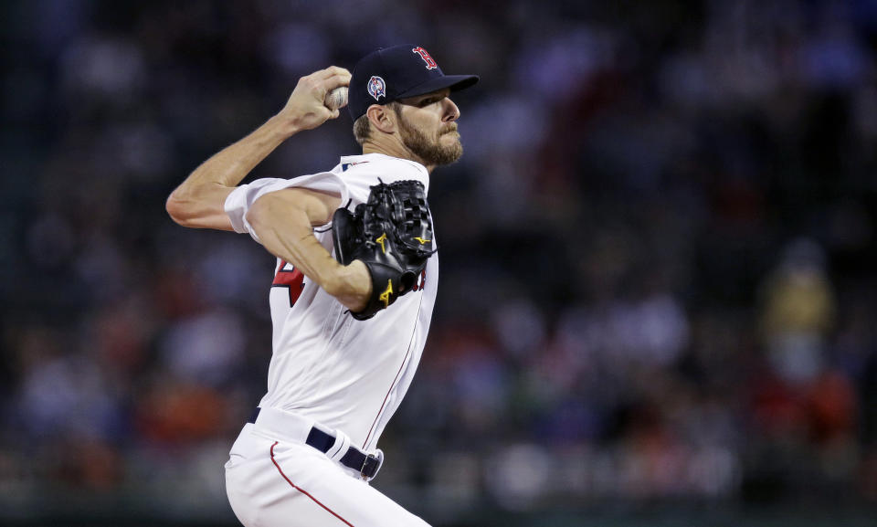 Boston Red Sox starting pitcher Chris Sale delivers during the first inning of a baseball game against the Toronto Blue Jays at Fenway Park in Boston, Tuesday, Sept. 11, 2018. (AP Photo/Charles Krupa)