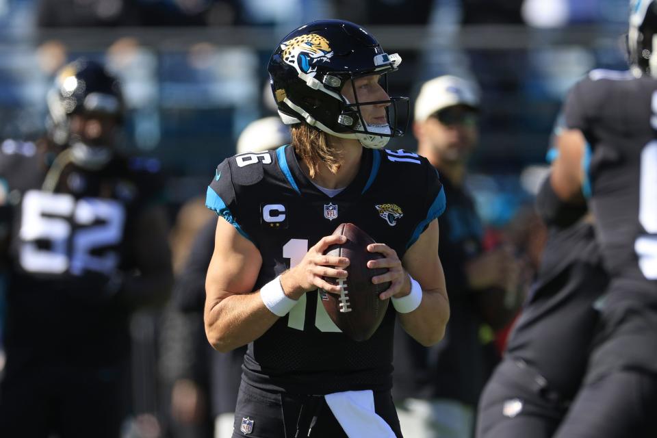 Jacksonville Jaguars quarterback Trevor Lawrence (16) looks to pass before a regular season NFL football matchup between the Jacksonville Jaguars and the Dallas Cowboys Sunday, Dec. 18, 2022 at TIAA Bank Field in Jacksonville. [Corey Perrine/Florida Times-Union]