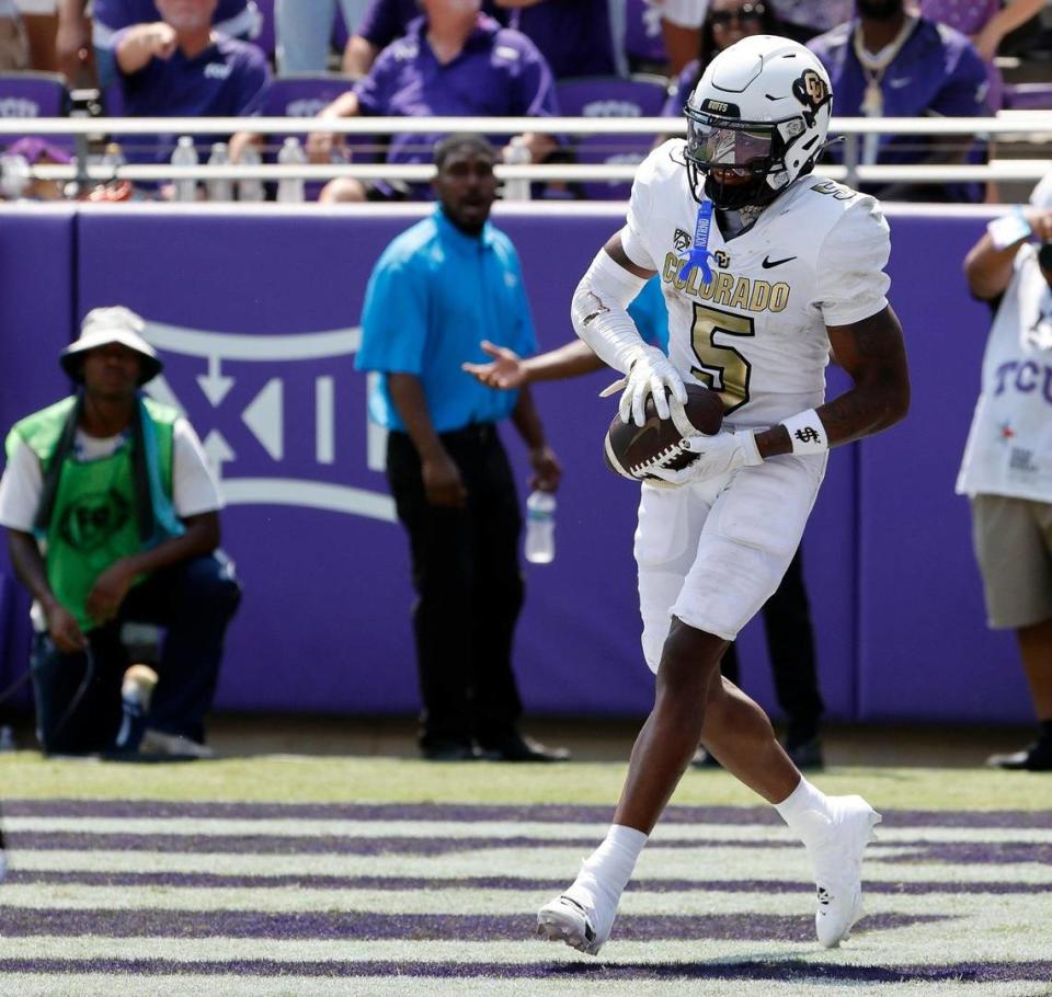 Colorado wide receiver Jimmy Horn Jr. (5) makes an uncontested touchdown catch in the second half of a NCAA football game at Amon G. Carter Stadium in Fort Worth,Texas, Saturday Sept. 02, 2023. Colorado defeated TCU 45-42. (Special to the Star-Telegram Bob Booth)