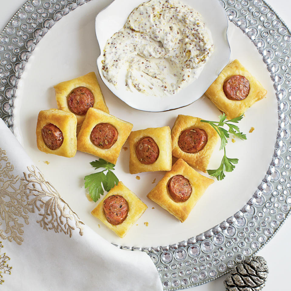 Chicken Sausage Puffs with Creamy Mustard Dipping Sauce