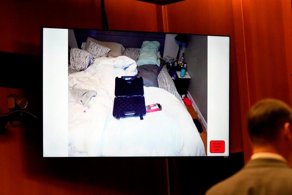 PHOTO: In a frame grab from video, the empty gun case and ammunition box are seen on the bed of James and Jennifer Crumbley during the trial for James Crumbley, the father of a Michigan school shooter, March 12, 2024 in Pontiac, Mich. (Carlos Osorio/AP, POOL)