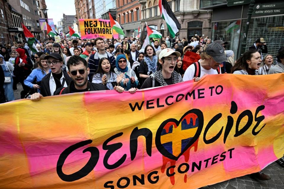 Protesters at a demonstration, against Israel's participation in the Eurovision Song Contest in Malmo on Saturday (via REUTERS)