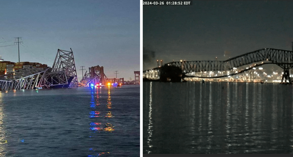 The Francis Scott Key Bridge in Baltimore, Maryland, collapsed after being hit by a cargo ship. (Reuters/StreamTime Live)