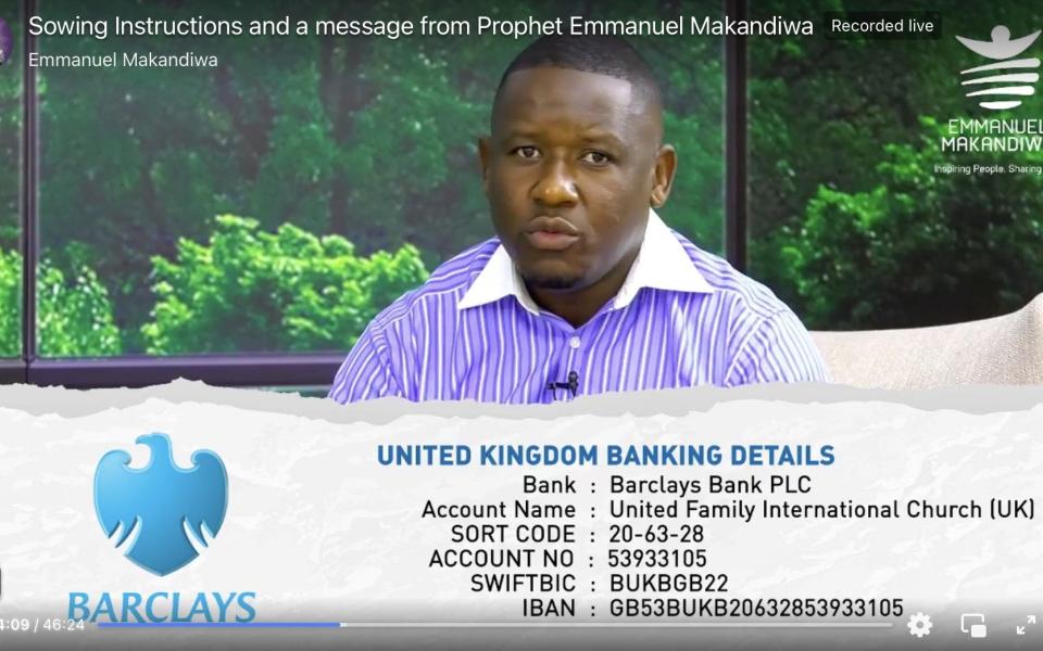 A video on Makandiwa's Facebook page provides details of a UK bank account for British followers to use to donate