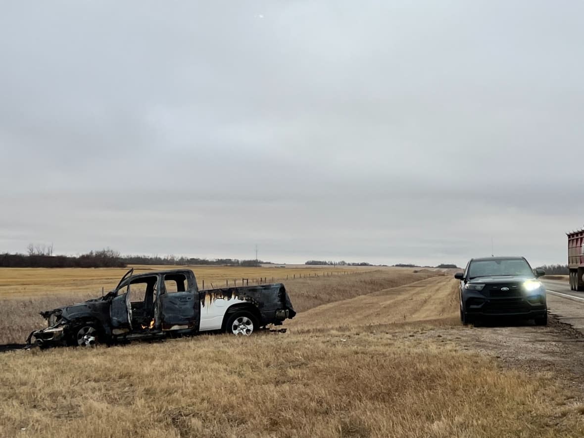 The vehicle police believe the suspects were using was found abandoned on Highway 10 just west of Duff, about 20 kilometres southwest of Melville, an alert issued by RCMP said.  (Sam Samson/CBC - image credit)