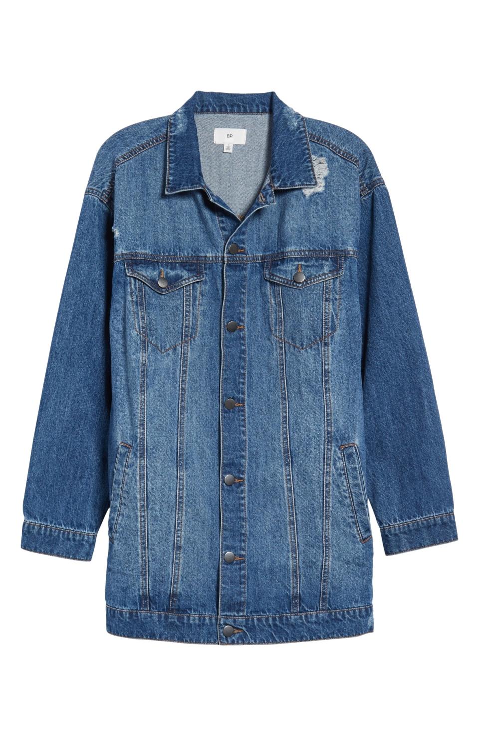 BP. Distressed Longline Denim Jacket, $85 $56.90, Nordstrom