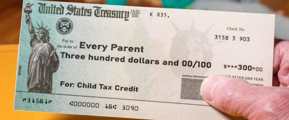 Mockup of US Treasury illustrative check for child tax credit for a small girl to illustrate American Rescue Plan Act of 2021 payments