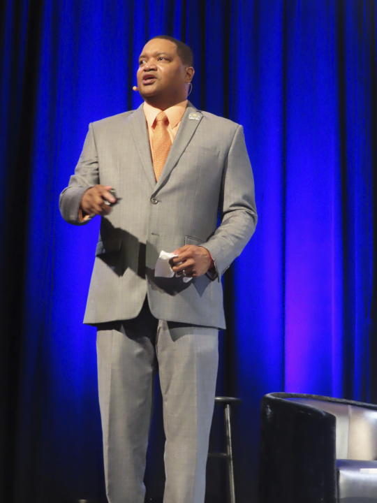 Atlantic City Mayor Marty Small speaks at an event in Atlantic City, N.J., on Feb. 2, 2024. On April 15, Small and his wife LaQuetta, the city's superintendent of schools, were charged with child endangerment and assault regarding their teenage daughter. (AP Photo/Wayne Parry)