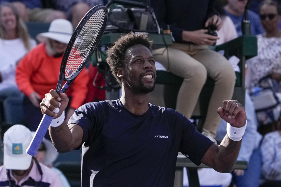 Gael Monfils, of France, celebrates after defeating Max at the BNP Paribas Open tennis tournament, Thursday, March 7, 2024, in Indian Wells, Calif. (AP Photo/Mark J. Terrill)