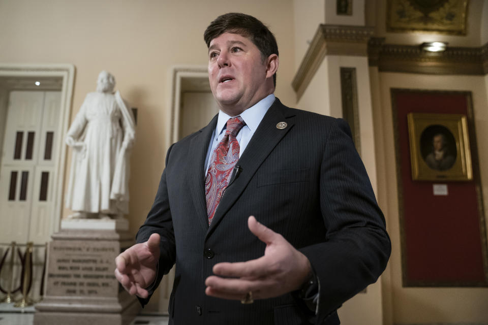 FILE - In this Feb. 15, 2019, file photo, Rep. Steven Palazzo, R-Miss., speaks during a television news interview on Capitol Hill in Washington. Palazzo is facing six opponents including a sheriff, Mike Ezell, and a state senator, Brice Wiggins, in the 2022 Republican primary. (AP Photo/J. Scott Applewhite, File)