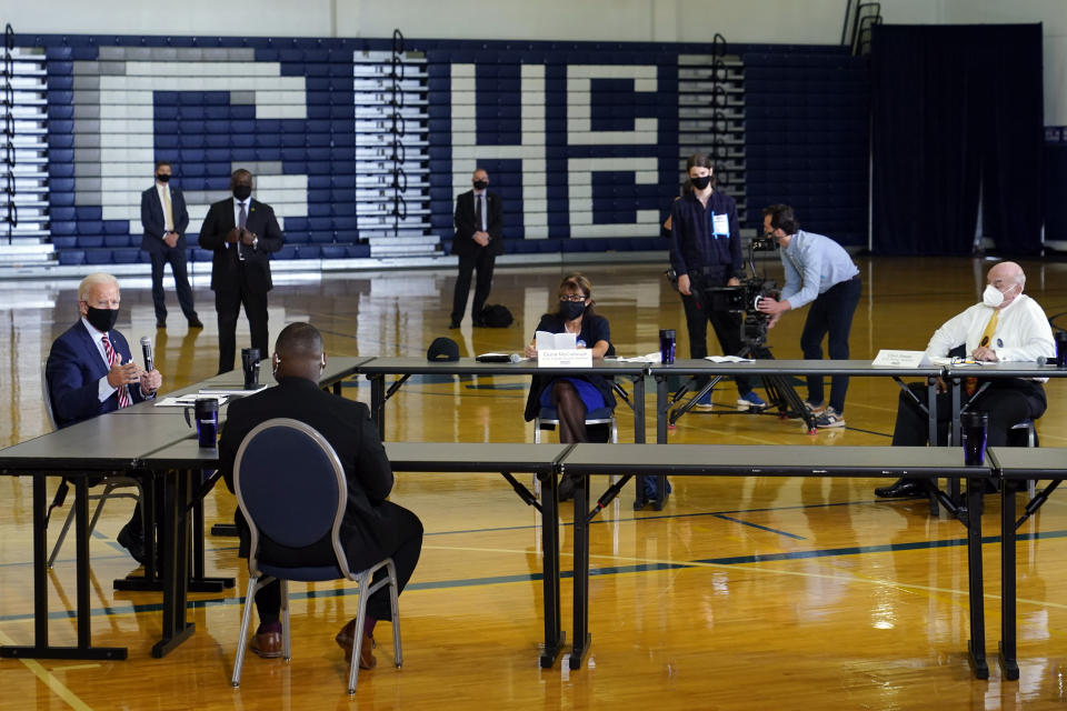 Democratic presidential candidate former Vice President Joe Biden speaks during a roundtable discussion with veterans, Tuesday, Sept. 15, 2020, at Hillsborough Community College in Tampa, Fla. (AP Photo/Patrick Semansky)