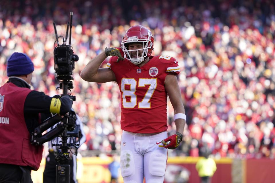 Kansas City Chiefs tight end Travis Kelce celebrates after scoring during the second half of an NFL football game against the Jacksonville Jaguars Sunday, Nov. 13, 2022, in Kansas City, Mo. (AP Photo/Ed Zurga)