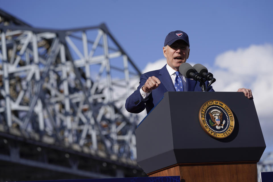 President Joe Biden speaks about his infrastructure agenda under the Clay Wade Bailey Bridge, Wednesday, Jan. 4, 2023, in Covington, Ky. (AP Photo/Patrick Semansky)