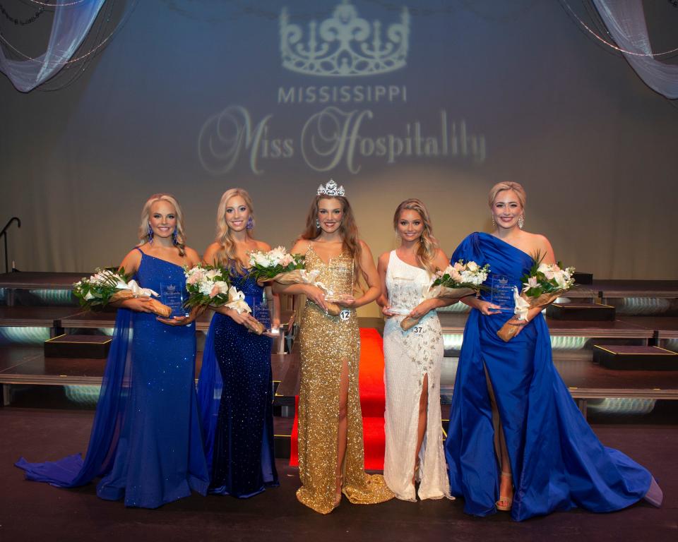 Mississippi Miss Hospitality 2022 Hannah Grace Crain of Hernando, center, poses with fellow top five contestants first alternate Ellis Ann Jackson of Starkville; second alternate Aubree Dillon of Madison County; third alternate Katherine Bishop of Pike County; and fourth alternate Anna Kaitlyn Ashley of Magee.