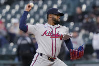 Atlanta Braves starting pitcher Reynaldo Lopez throws against the Chicago White Sox during the first inning of a baseball game in Chicago, Tuesday, April 2, 2024. (AP Photo/Nam Y. Huh)