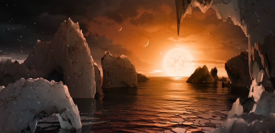 Artist's illustration of the possible surface of TRAPPIST-1f, one of the newly discovered planets in the TRAPPIST-1 system.