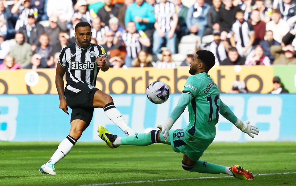 Newcastle United's Callum Wilson scores their fifth goal past Sheffield United's Wes Foderingham