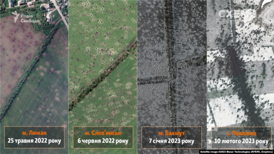 Areas under fire from left to right: Lyman, May 25, 2022; Solvyansk, June 6, 2022; Bakhmut, January 7, 2023; Pavlivka February 10, 2023 <span class="copyright">RFE/RL</span>