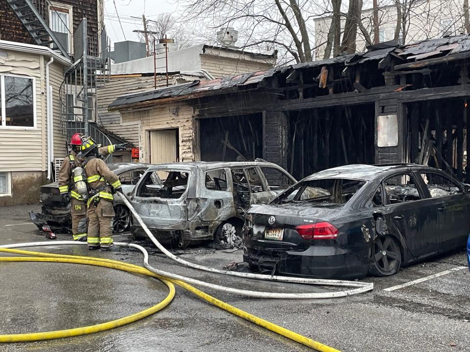 Cars were destroyed in a fire in a storage garage in Kittery, Maine, Friday, April 12, 2024