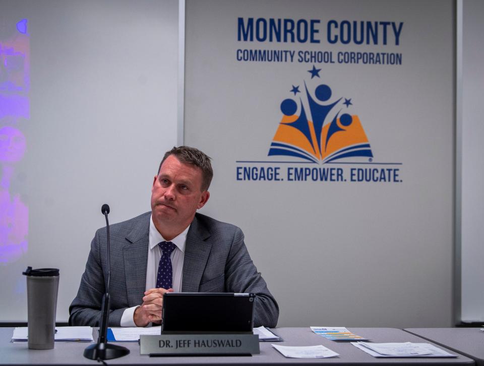 Monroe County Community School Corporation Superintendent Jeff Hauswald listens during Tuesday's school board meeting. He said, "I sincerely apologize for a process that's been overly messy."