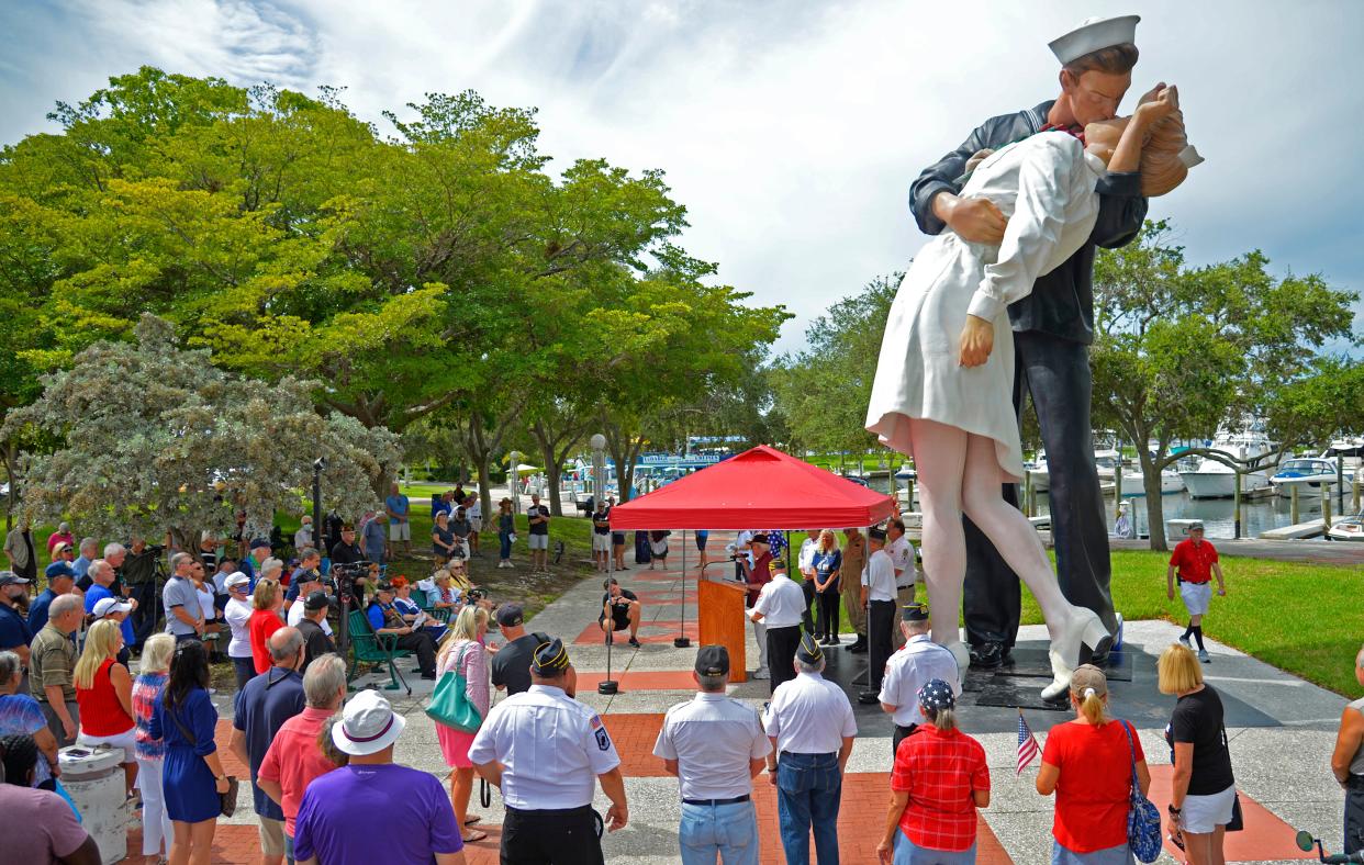 About 200 people attended the rededication ceremony of the Unconditional Surrender statue that's now at Bayfront Park in Sarasota. The event coincided with a 76th anniversary of VJ Day, a commemoration of the surrender of the Japanese Empire the end of World War II.