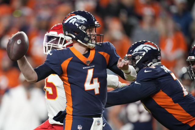 Denver Broncos wide receiver Jerry Jeudy (10) celebrates his touchdown  catch during the first half of an NFL football game against the Kansas City  Chiefs Sunday, Dec. 11, 2022, in Denver. (AP