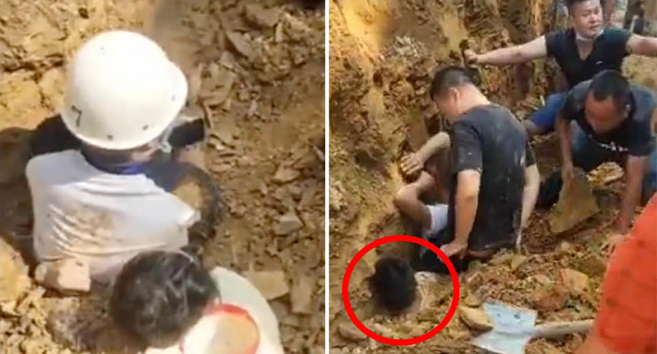 Male workers trapped by the landslide at a construction site in China. Source: The Paper